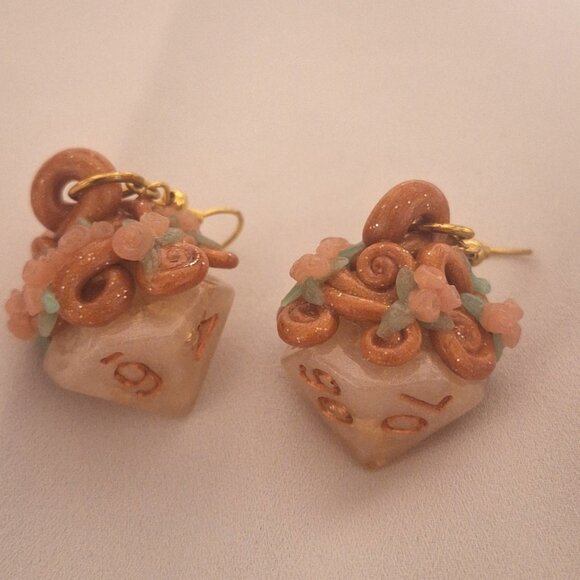 Artisan Handmade DnD D100 Dice Resin Earrings with Polymer Clay Flower Swirls - Picture 2 of 4
